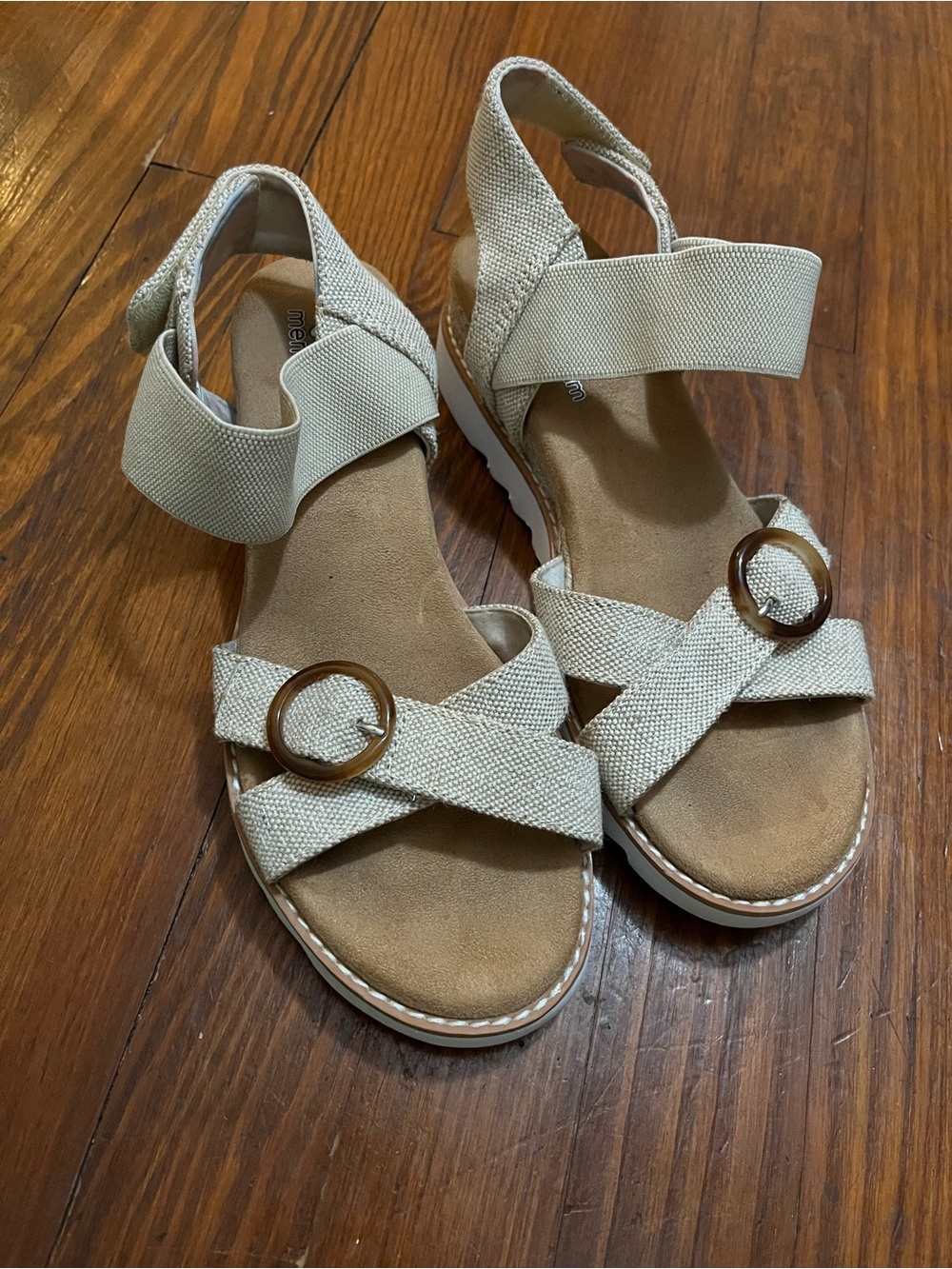 BOBS from Skechers Beige Crisscross Sandals with Decorative Buckle